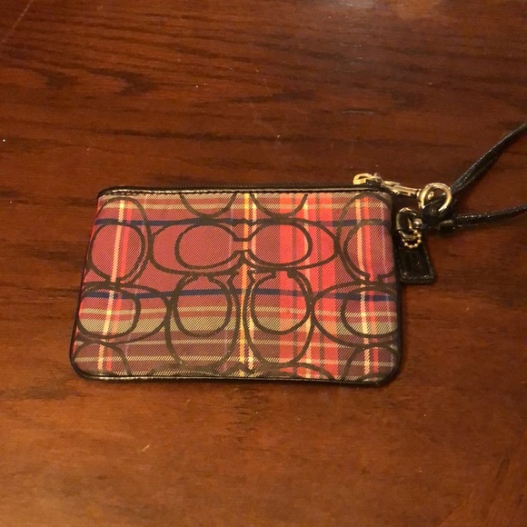 Coach Poppy Tartan Plaid Pink Purple Multi Stripe Zip Wristlet - Picture 3 of 7